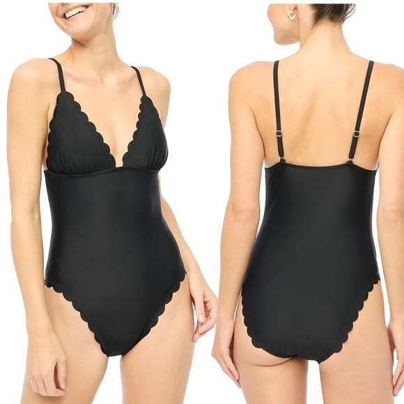 J. Crew Other - J Crew Black Scalloped One Piece Swimsuit Medium NWT Deep V Retro Classic